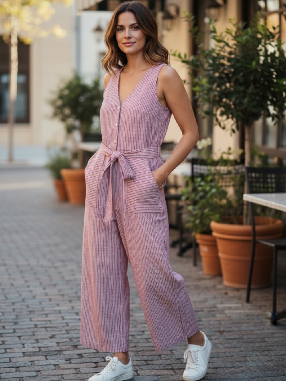 FRNCH Paris Pink Stripe Sleeveless Button Front V-Neck Belted Jumpsuit SZ S